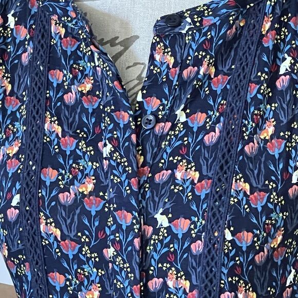Loft Womens Blouse Sz XS Floral Trim Popover Mid Button Sleeveless Botanical - Picture 7 of 13